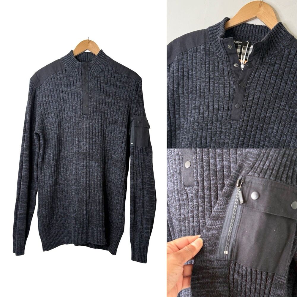 Pioneer Camp Knit Henley Sweater Men’s L Black Blue Patchwork Preppy Outdoor NWT